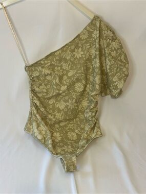 Free People One-Shoulder Olive Green Floral Bodysuit